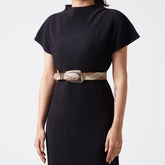 Brown and ivory woven belt with gold buckle.